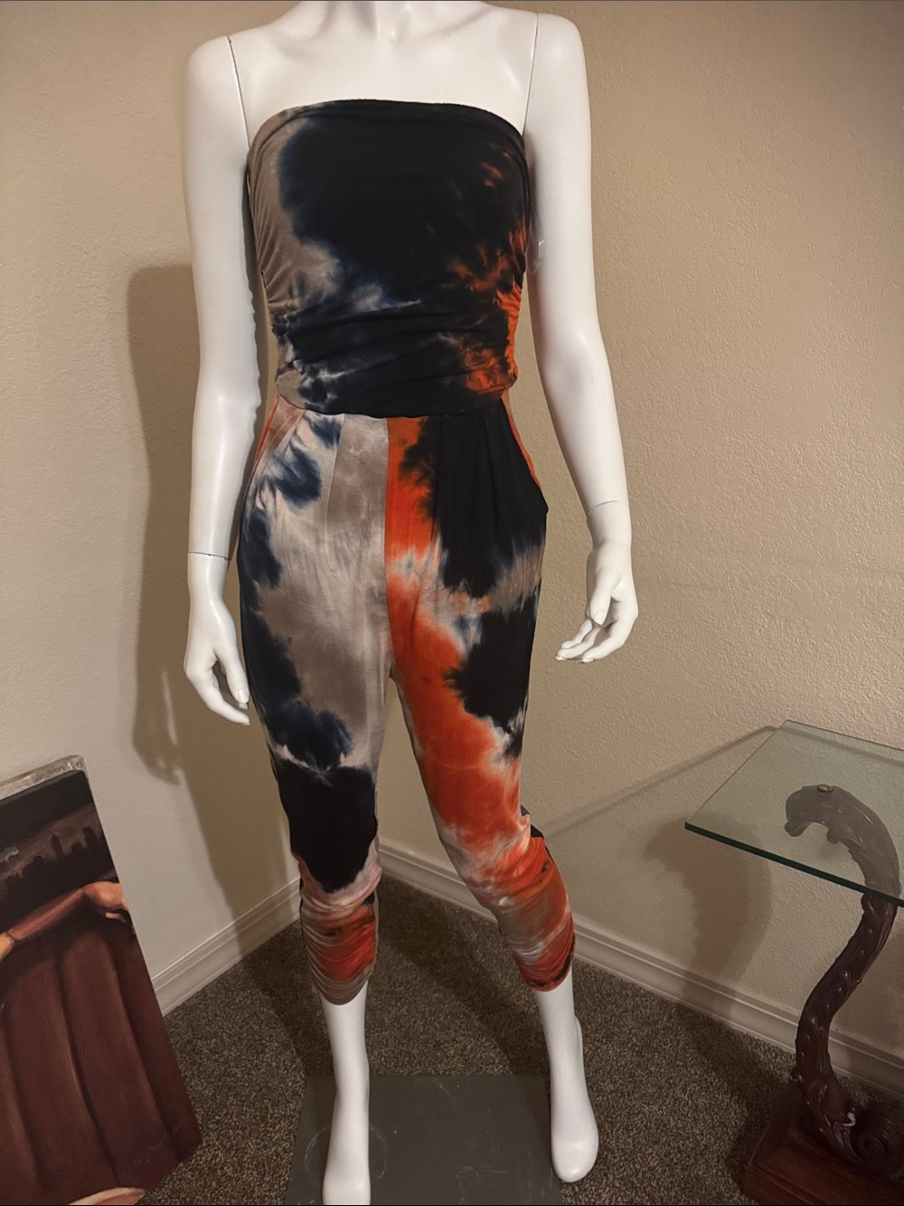 Heart & Hips Strapless Tie-Dye Jumpsuit in Black, Orange & Cream